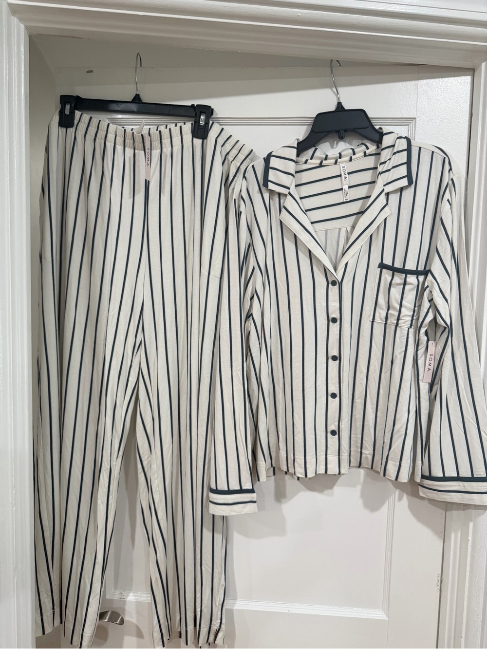 Soma Cream and Black Striped Button-Up Pajama Set
